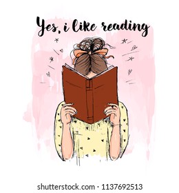 Yes, i like reading. Vector sketch drawing of reading girl. Print for female t-shirt