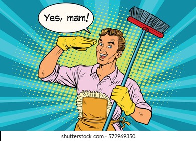 yes mam Husband and cleaning the house. Vintage pop art retro vector illustration. Professional cleaning