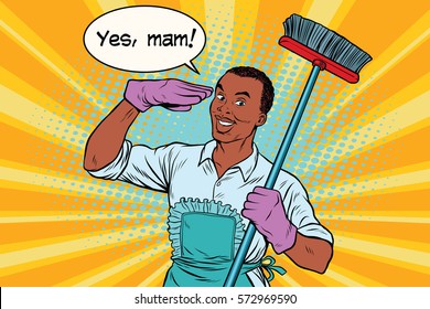 yes mam Husband and cleaning the house. Vintage pop art retro vector illustration. Professional cleaning. African American people