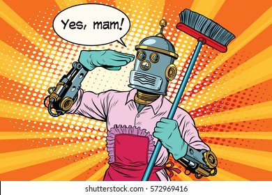 yes mam Robot and cleaning the house. Vintage pop art retro vector illustration. Professional cleaning