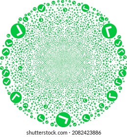 Ja, markieren Sie den runden Cluster. Das Objektmuster wird aus verstreuten Symbolen für "yes mark" als sphärisches Feuerwerk erstellt. Das abstrakte sphärische Cluster-Mosaik wird aus den Elementen mit den Symbolen "ja" erstellt.