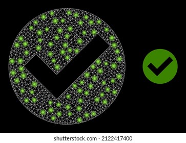 Yes mark icon and glowing net mesh yes mark structure with sparkle light spots. Illuminated model is done from yes mark vector icon and triangle mesh. Sparkle frame yes mark, on a black background.