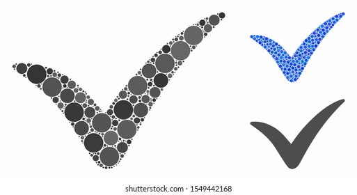 Yes mark mosaic of small circles in different sizes and shades, based on yes mark icon. Vector small circles are composed into blue mosaic. Dotted yes mark icon in usual and blue versions.