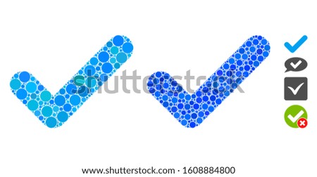 Yes mosaic of filled circles in various sizes and color tones, based on yes icon. Vector filled circles are composed into blue mosaic. Dotted yes icon in usual and blue versions.
