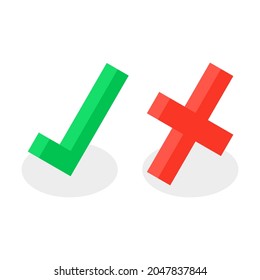 Yes no accept reject checkmark cross isometric signs vector illustration. Check, wrong marks. Approved, disapproved, right, wrong, correct, false green and red 3d symbols with shadow isolated on white