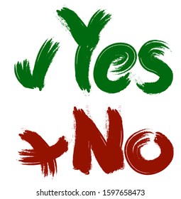 YES and NO acceptance and rejection signs, vector checkmarks in circle boxes. Green brush symbolic OK and red X icon isolated on white, approval check marks. Tick and cross signs, checkmarks design.
