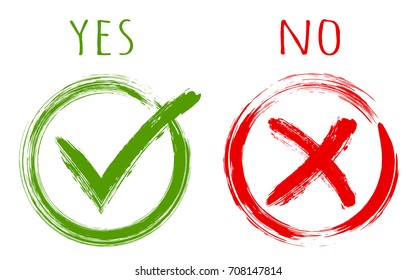 YES and NO acceptance and rejection signs, vector checkmarks in circle boxes. Green brush symbolic OK and red X icon isolated on white, approval check marks. Tick and cross signs, checkmarks design.