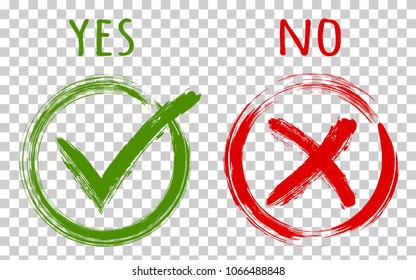 YES and NO acceptance and rejection symbol vector checkmarks for vote choice. Round frames. Green brush symbolic OK and red X icon on transparent. Tick and cross signs, checkmarks graphic design.
