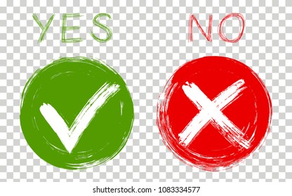 YES and NO acceptance and rejection symbol icons vector checkmarks for vote choice. Round green brush symbolic OK and red X icon isolated on transparent. Tick and cross signs checkmarks graphic design