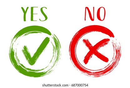 YES and NO acceptance and rejection symbol vector checkmarks for vote choice. Round frames. Green brush symbolic OK and red X icon isolated on white. Tick and cross signs, checkmarks graphic design.