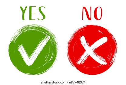 YES and NO acceptance and rejection symbol icons vector checkmarks for vote choice. Round green brush symbolic OK and red X icon isolated on white. Tick and cross signs, checkmarks graphic design.
