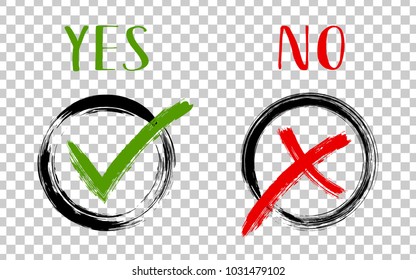 YES and NO acceptance and rejection symbols vector for vote, election choice. Brush painted symbolic approval icons in black round frames. Tick and cross signs, check marks design on transparent.