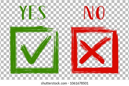 YES and NO acceptance and rejection symbols vector for vote, election choice. Brush painted symbolic approval icons in square frames. Tick and cross signs, check marks graphic design on transparent.