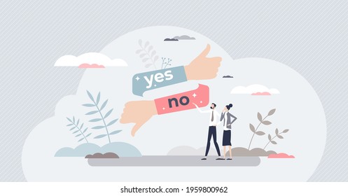 Yes or no answer to asking question as choice decision tiny person concept. Compare, choose one and select correct option vector illustration. Thumbs up or down as feedback voting gesture evaluation.