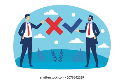 Yes or No answer. Businessmen weigh pros and cons. Characters cannot make deal. Compare, choose one and select correct option. Decision, feedback, statistics. Cartoon flat vector illustration