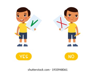 YES and NO antonyms word card, Opposites concept. Flashcard for English language learning. Disgruntled and joyful dark skin boy