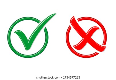 Ja oder nein, grüne und rote Markierungen für Knöpfe oder Aufkleber genehmigt oder abgelehnt. Illustration, Vektor