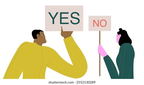 Yes, No argument, conflict fight debate, dilemma, dispute or office rivalry war, struggle, negative discussion concept, businessman and woman arguing or fight with yes and no sign.