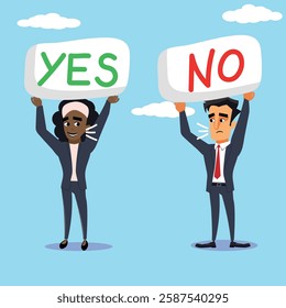 Yes No argument or conversation, disagreement between business people or work colleagues, correct, incorrect or dilemma concept
