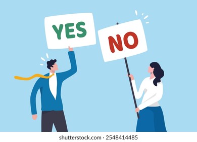 Yes, No argument or disagreement, conflict fight debate, dilemma, dispute or office rivalry war, struggle, negative discussion concept, businessman and woman arguing or fight with yes and no sign.