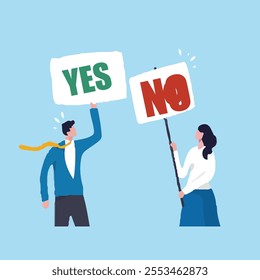  Yes, No argument or disagreement, conflict fight debate, dilemma, dispute or office rivalry war, struggle, negative discussion concept, businessman and woman arguing or fight with yes and no sign.