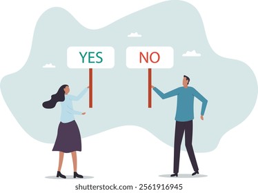 Yes, No argument or disagreement, conflict fight debate, dilemma, dispute or office rivalry war, struggle, negative discussion concept,business concept.flat character.