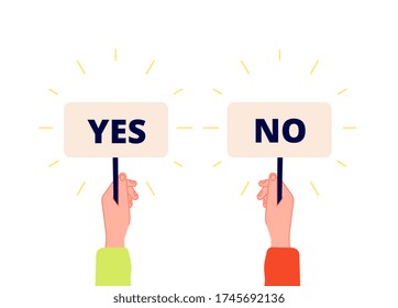 Yes No Banner. Choice, Vote Icons. Businessman Hand Holding Plates With Positive And Negative Sign. Select True Or False Vector Illustration