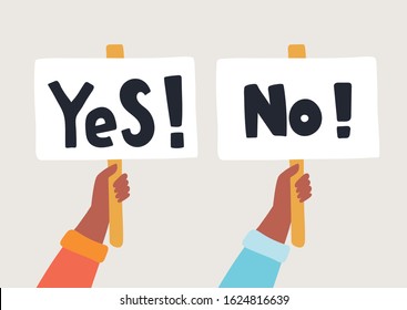 Yes No banner in human hand on white background. Choice hesitate, dispute, opposition, choice, dilemma, opponent view. Test question. Vector illustration
