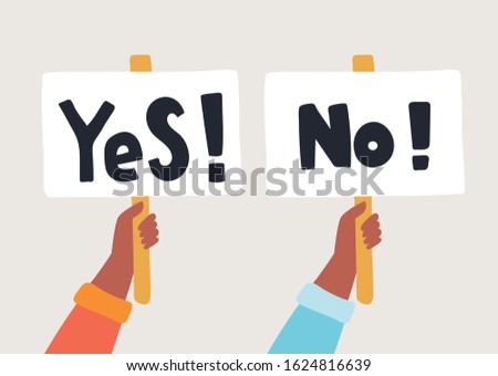 Yes No banner in human hand on white background. Choice hesitate, dispute, opposition, choice, dilemma, opponent view. Test question. Vector illustration
