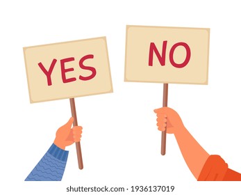 Yes no banner. Isolated text placard, hands hold right wrong message. Idea or choice, correct and incorrect dialog mark decent vector concept