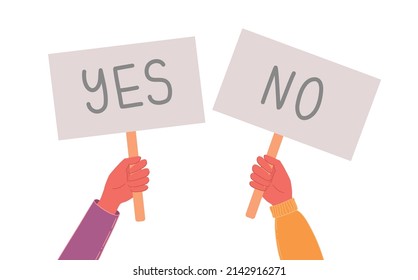 Yes no banner. Isolated text placard, hands hold right wrong message. Idea or choice, correct and incorrect dialog mark decent concept.