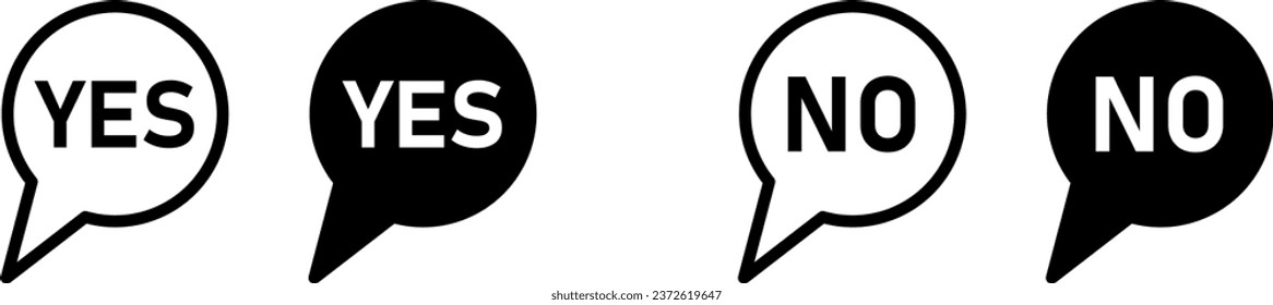 Sí No hay juego de iconos de símbolos de elementos de símbolo de la nube de mensajes de buja de voz en blanco y negro. Imagen vectorial.