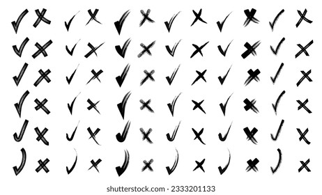 Yes and no. Brush hand drawn doodle checkmarks and crosses set collection. Scribble, pen sketches. Vector illustration. Pencil hand drawn checkmarks and little crosses.