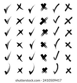 Yes and no. Brush hand drawn doodle checkmarks and crosses set collection. Pencil hand drawn checkmarks and little crosses. Scribble, pen sketches. Vector illustration