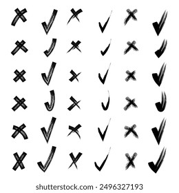 Yes and no. Brush hand drawn doodle checkmarks and crosses set collection. Scribble, pen sketches. Vector illustration. Pencil hand drawn checkmarks and little crosses.