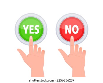 botón Sí y No. Aprobado y rechazado. Sí, no en la burbuja del habla. Marcas de verificación.