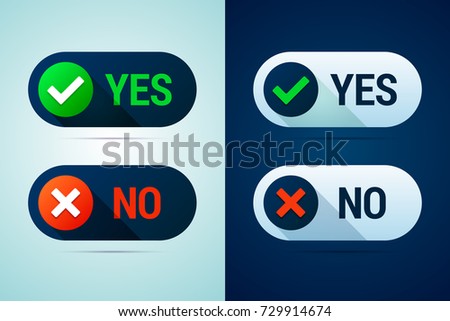 Yes and no button with check mark and cross signs. There are two color variants for using on white or dark backgrounds. Vector illustration.