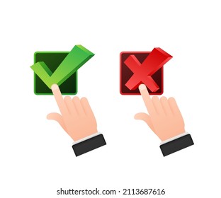 Yes and No button with hands. Feedback concept. Positive feedback concept. Choice button icon. Vector stock illustration.