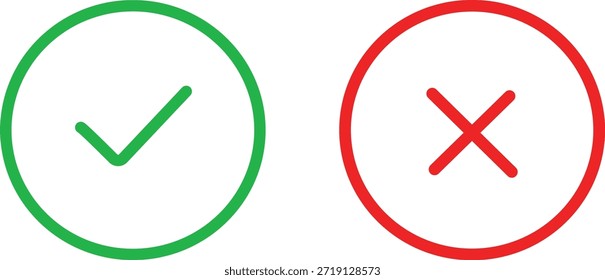 Iconos de Botón Sí y No. Símbolos de Aprobación y rechazo para Web e interfaz de App. Marca de verificación minimalista y contorno cruzado. Iconos de Estado válidos y No válidos.