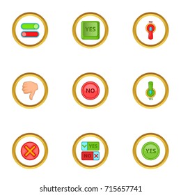 Yes and no button icons set. Cartoon style set of 9 yes and no button vector icons for web design