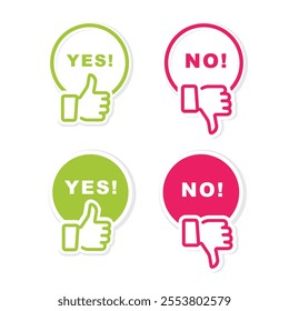 Yes and no button with thumbs up and thumbs down icons, vector, sticker.