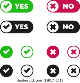Yes or no button and tick or cross icon set in modern bold style. Isolated vector illustration.