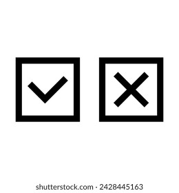 Yes and no buttons. Checklist icon, check marks. Tick, cross or question signs. True or false. Test buttons, signs or labels. tick, cross, question mark and exclamation point. Vector set