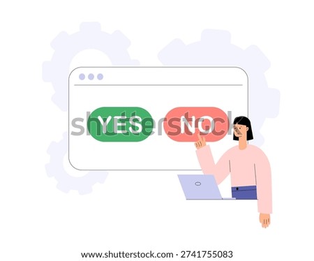 Yes or No buttons. Decision making, choice, selection, answer, reply, accept of refuse. Agree and reject. Flat vector illustration