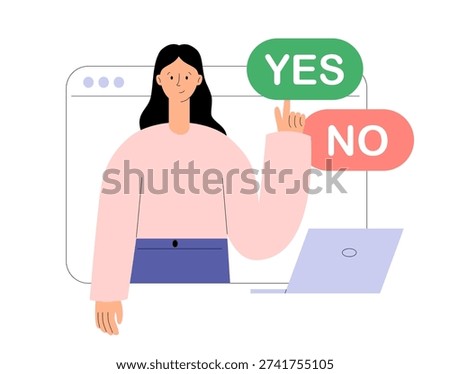 Yes or No buttons. Decision making, choice, selection, answer, reply, accept of refuse. Agree and reject. Flat vector illustration