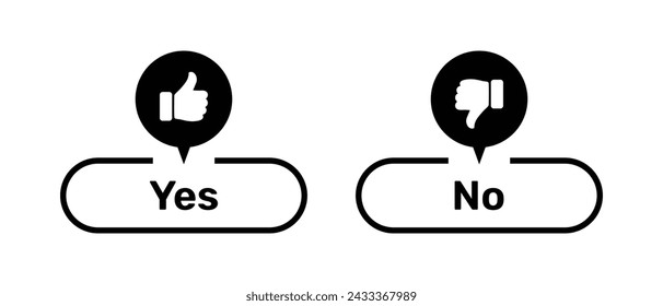 Yes and No buttons with like and dislike symbols black color. Yes and No buttons with thumbs up and thumbs down symbols. Check box icon with thumbs up and down symbol with yes and no buttons.