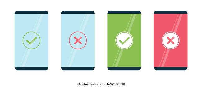 YES and NO buttons on smartphone screen. Tick and cross signs. Green checkmark OK and red X icons. Circle symbols. Simple marks graphic design. Vector illustration.