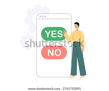 Yes or No buttons on smartphone app. Decision making, choice, selection, answer, reply, accept of refuse. Agree and reject. Flat vector illustration