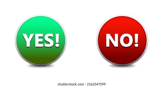 Yes and no buttons. Red and green badges with lattering and shadows. Flat vector illustration.