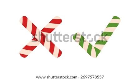 Yes and No candy canes icons. Hand drawn trendy flat style isolated on transparent background. Vector illustration